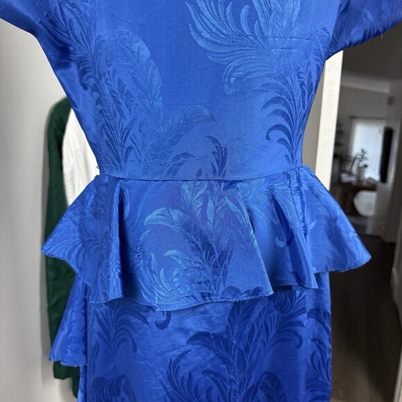 VTG 80s Printed Satin Cocktail Wrap Dress Size S Cobalt 90s Evening Party Peplum - Picture 7 of 16